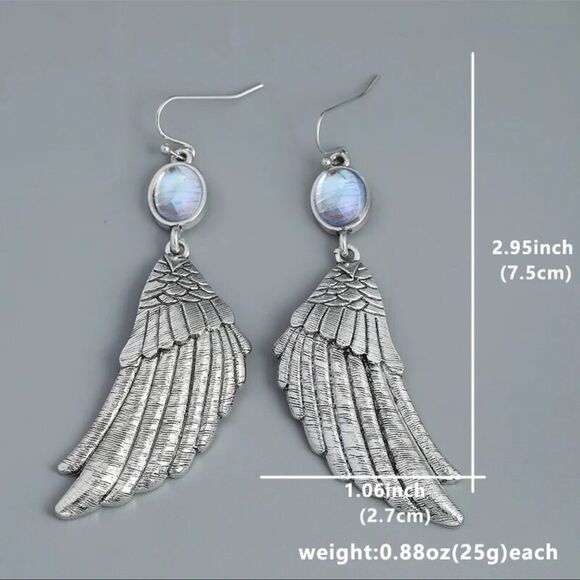 Silver Wing Earrings with Blue Accents - Picture 3 of 7